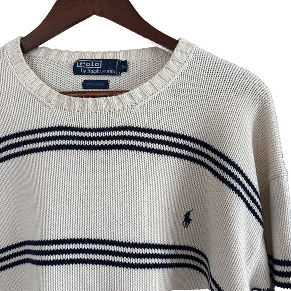 Polo Ralph Lauren White with Blue Stripes Sweater 100% Cotton Men’s Size XL - Picture 3 of 16